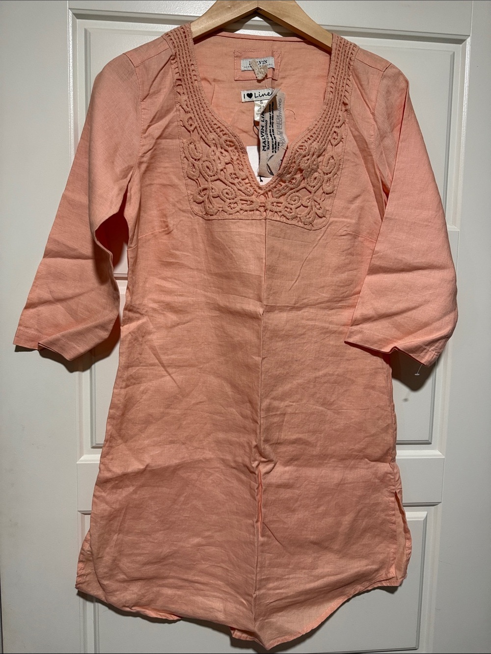 I ♥ Linen Malvin Germany Peach Embroidered V-Neck Tunic linen S